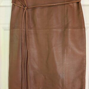Antonio Melani Leather Pencil Skirt Brown Lined Size M Back Zip Removable Belt